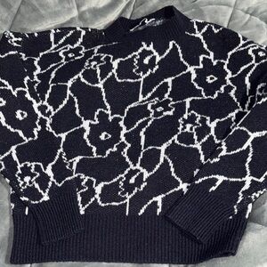 Astr Navy and White Floral Crew Neck Sweater